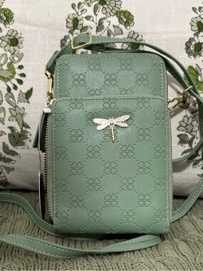 NWT Chic Unlimited Gold Dragonfly Sage Three Pocket Crossbody Phone Bag by